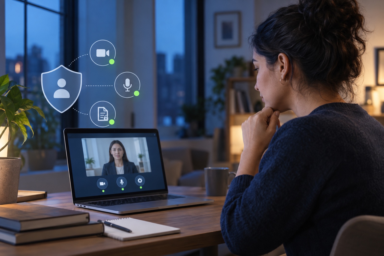 A candidate reviewing camera, microphone and privacy controls before an online AI-assisted interview