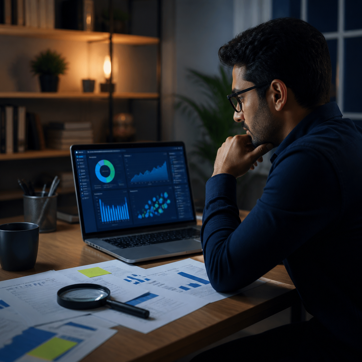 Editorial illustration from the RemoRoute image library: a professional examining dashboard results and printed reports; the charts are illustrative.