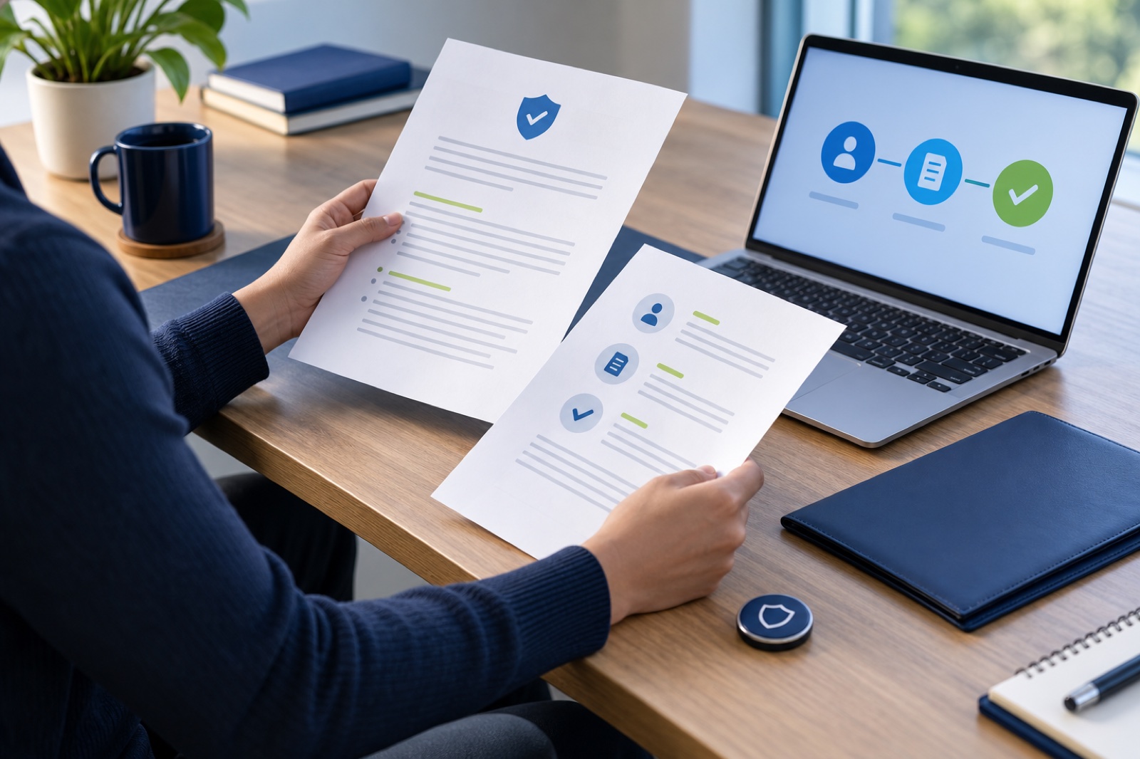 A remote job candidate reviewing abstract consent and verification documents beside a secure laptop