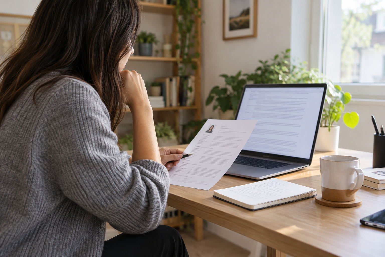 A remote job candidate reviewing a privacy notice beside a CV and notebook at a home-office desk
