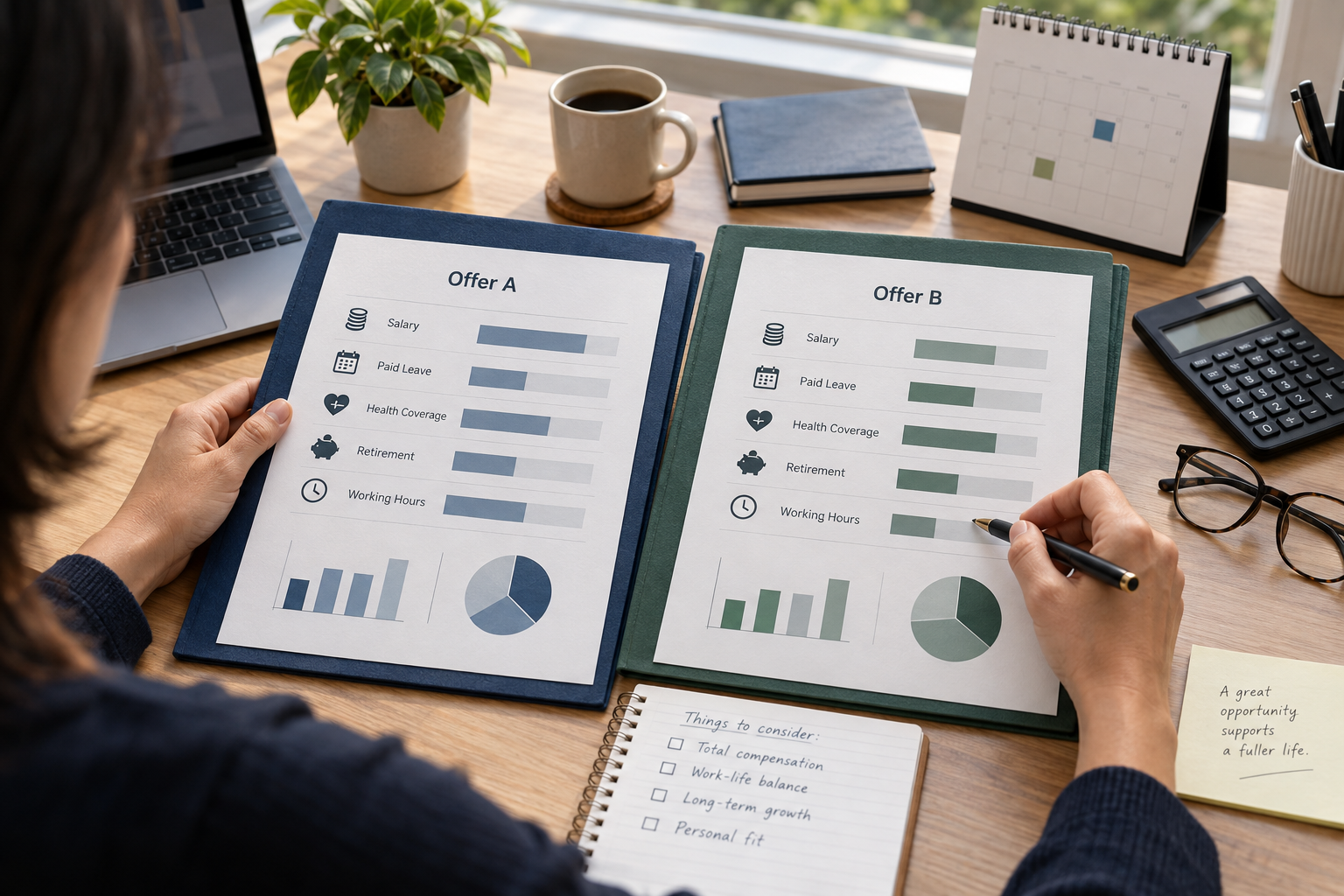A professional comparing two remote job offer folders with salary, leave, health, retirement and hours summaries