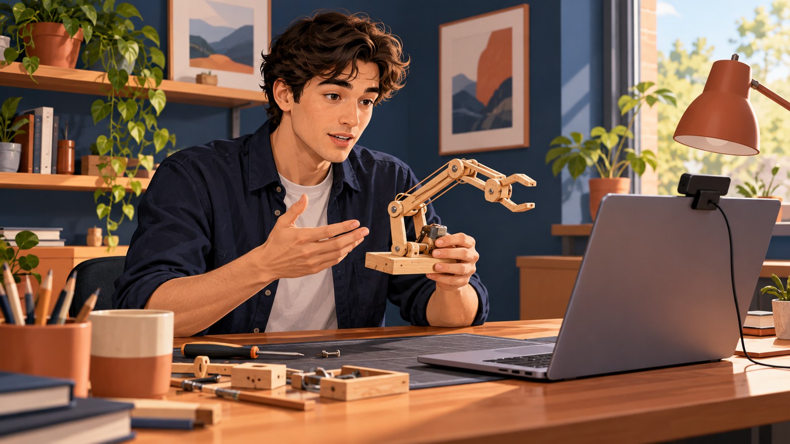 Original illustration of a fictional candidate showing a small personal project beside a laptop at a home workspace