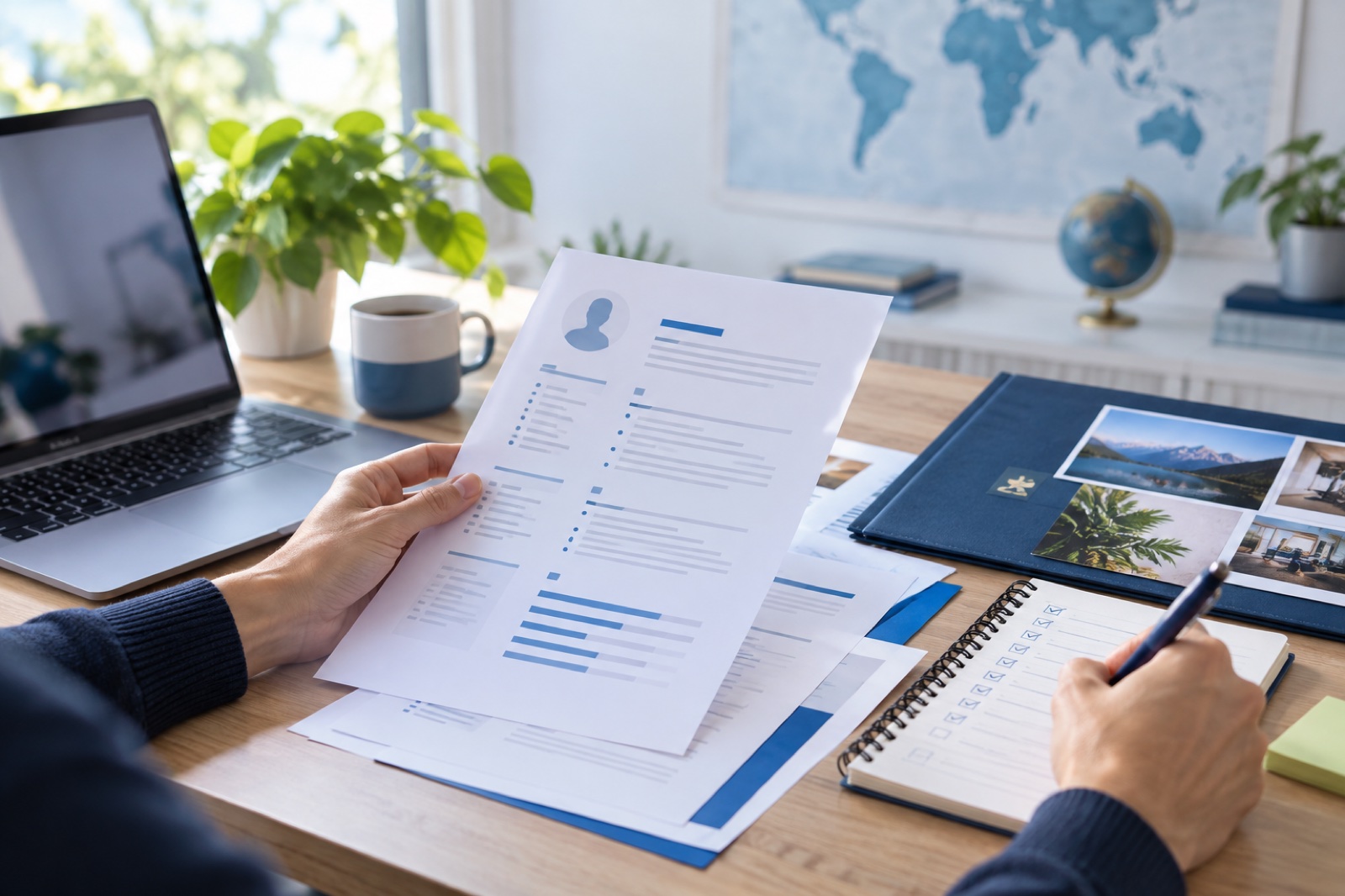 A candidate reviewing a CV beside a portfolio folder and checklist at a bright home workspace
