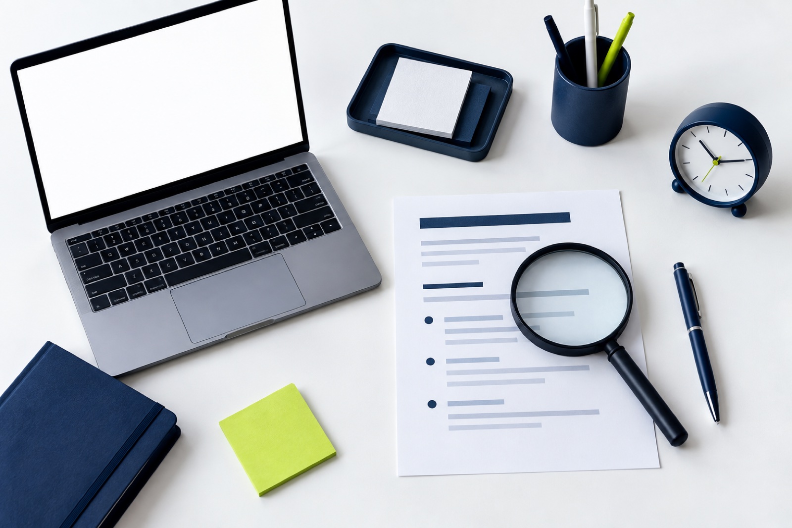 A clean desk with a magnifying glass, checklist document, laptop and clock for a final application review