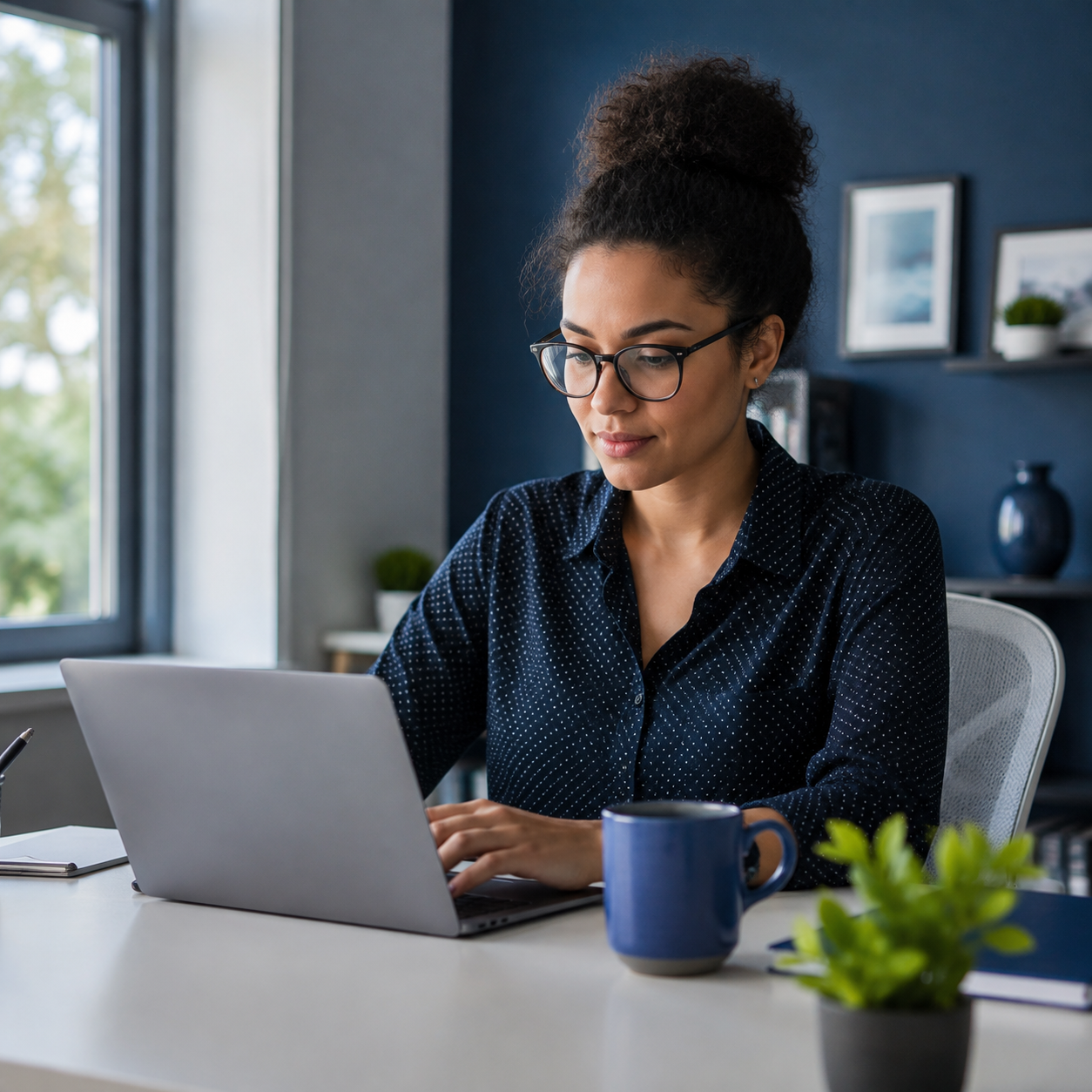 An illustrative candidate working on a laptop at a desk, from the RemoRoute image library.