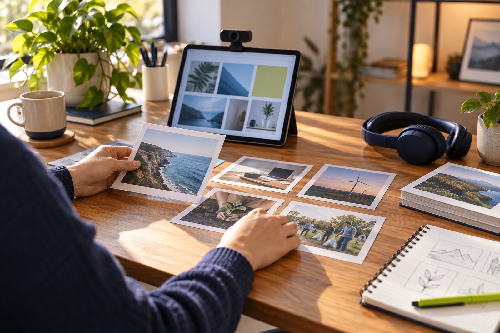 A candidate arranging project photographs and skills evidence at a warm remote workspace