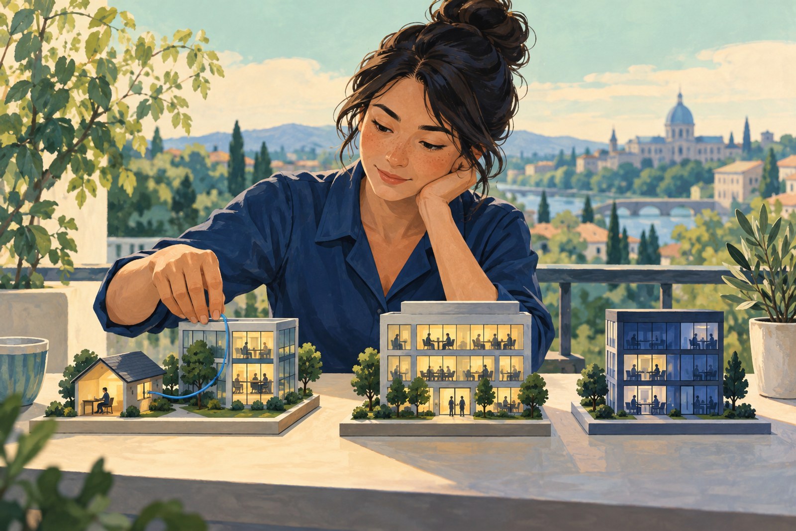 Original illustration of a fictional candidate comparing small office models, representing different employer work arrangements