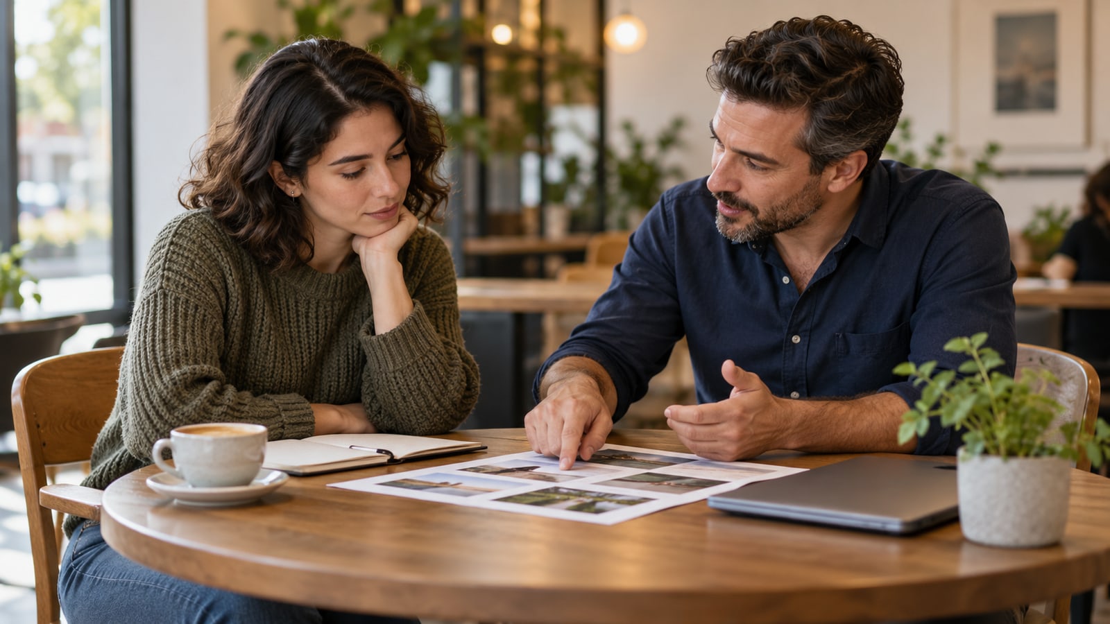 AI-generated illustrative scene of two people discussing a portfolio sheet at a table, with one listening carefully