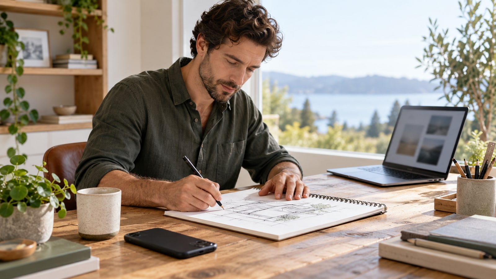 AI-generated illustrative scene of a remote professional focused on a paper sketch with a phone face down away from the work