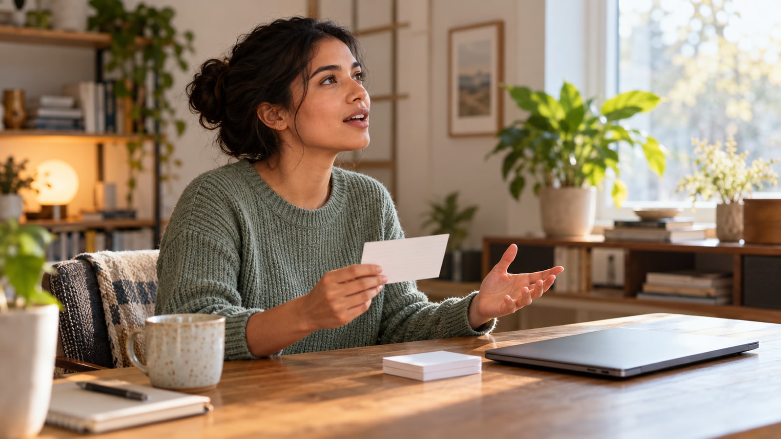 AI-generated illustrative scene of a candidate rehearsing an answer with a blank index card and a closed laptop