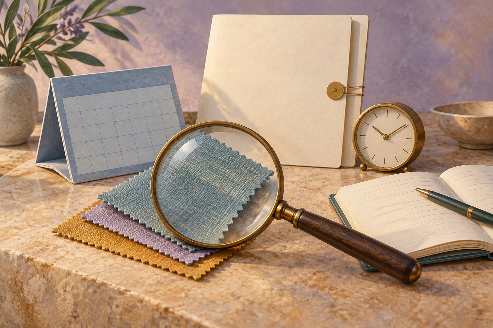 Original still-life illustration of a calendar, clock, plain folder and notebook, representing a careful review of advertised job terms