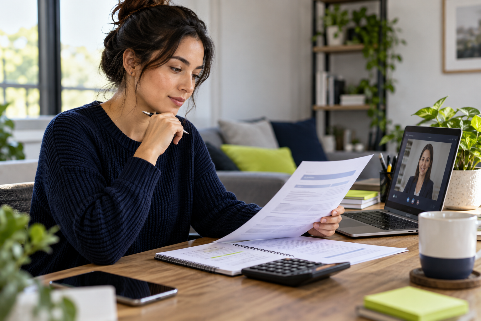 A remote professional comparing role requirements, pay notes and a budget worksheet at a desk