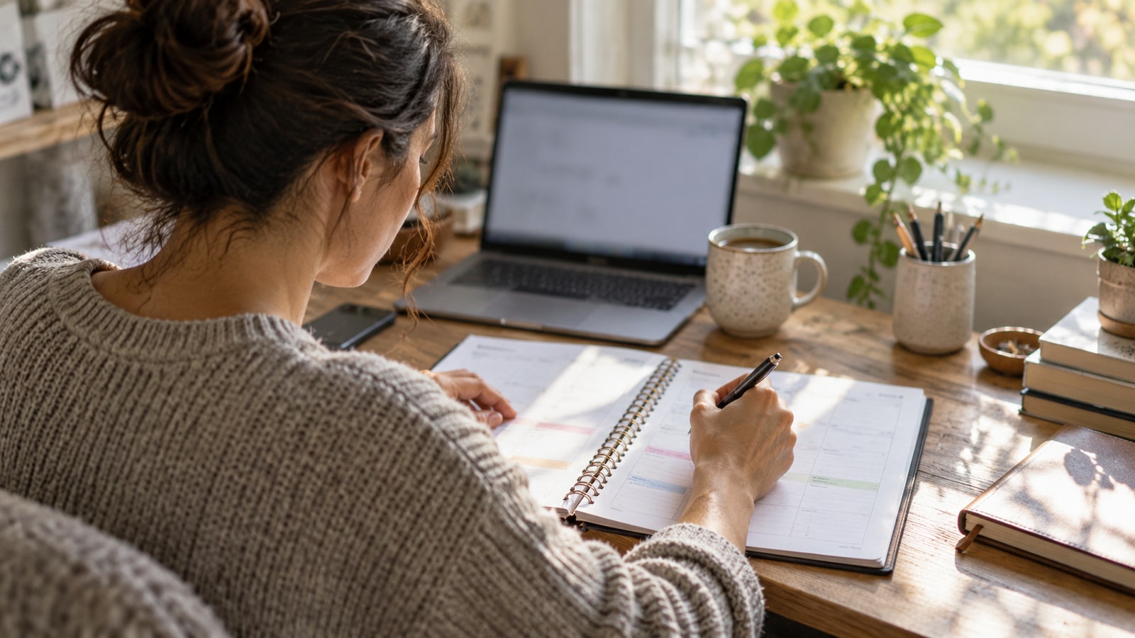 AI-generated illustrative scene of a job seeker planning a week in a notebook beside a laptop at a home desk