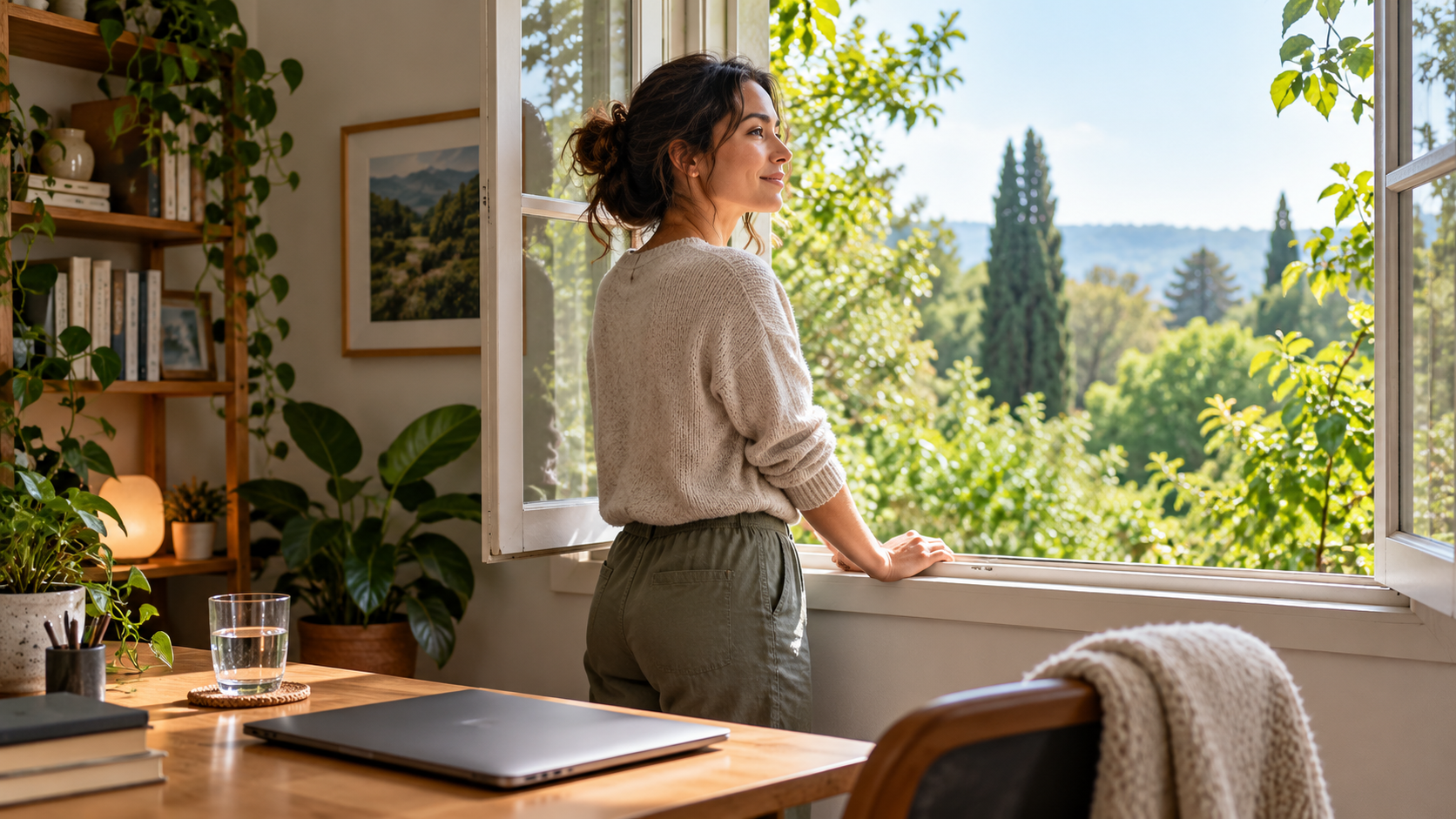 AI-generated illustrative scene of a remote professional pausing by an open window with a closed laptop on the desk