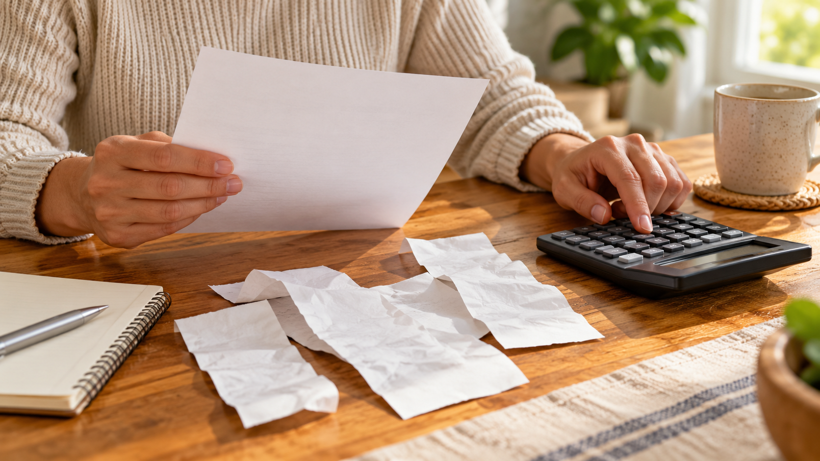 AI-generated illustrative close-up of hands comparing an unlettered offer sheet with household receipts and a calculator