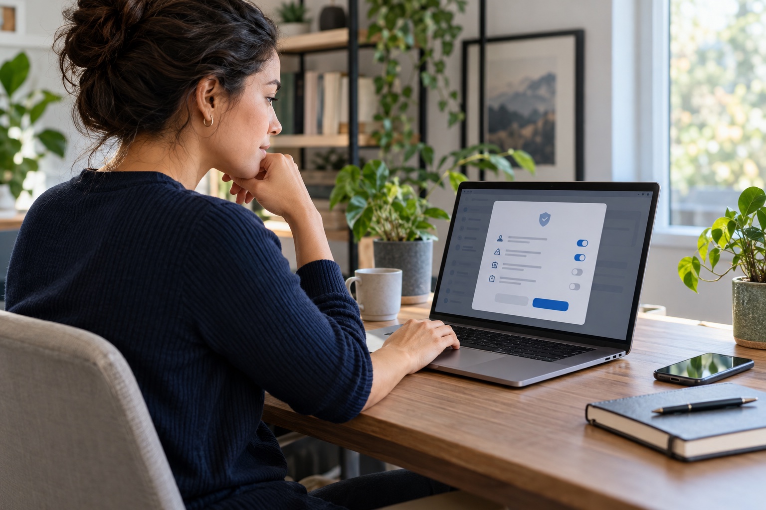 A remote professional reviewing a device-management permission screen on a personal laptop before joining an employer system