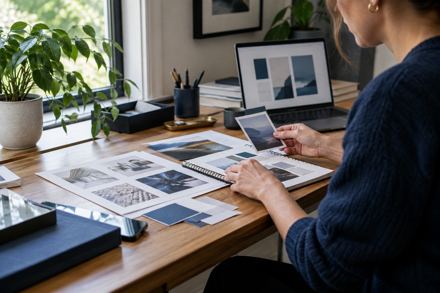 A professional organising anonymised portfolio samples and project notes at a home-office desk