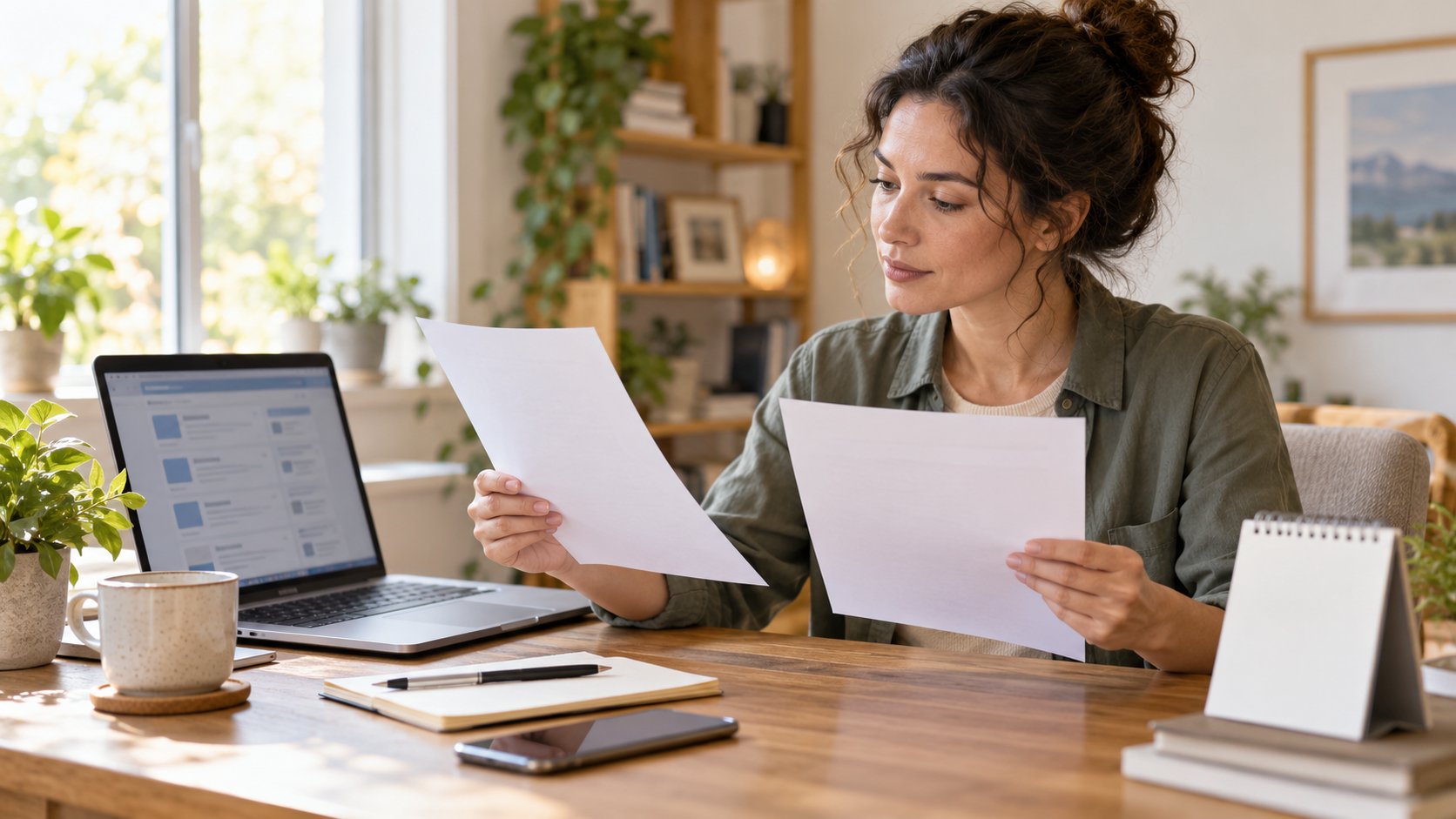 AI-generated illustrative scene of a candidate comparing two vacancy sheets beside a laptop and a blank desk calendar
