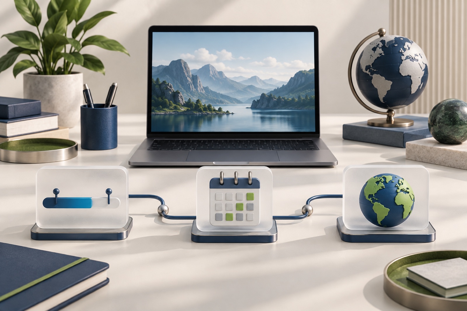 A three-dimensional remote compensation comparison with an abstract range bar, calendar and globe beside a laptop
