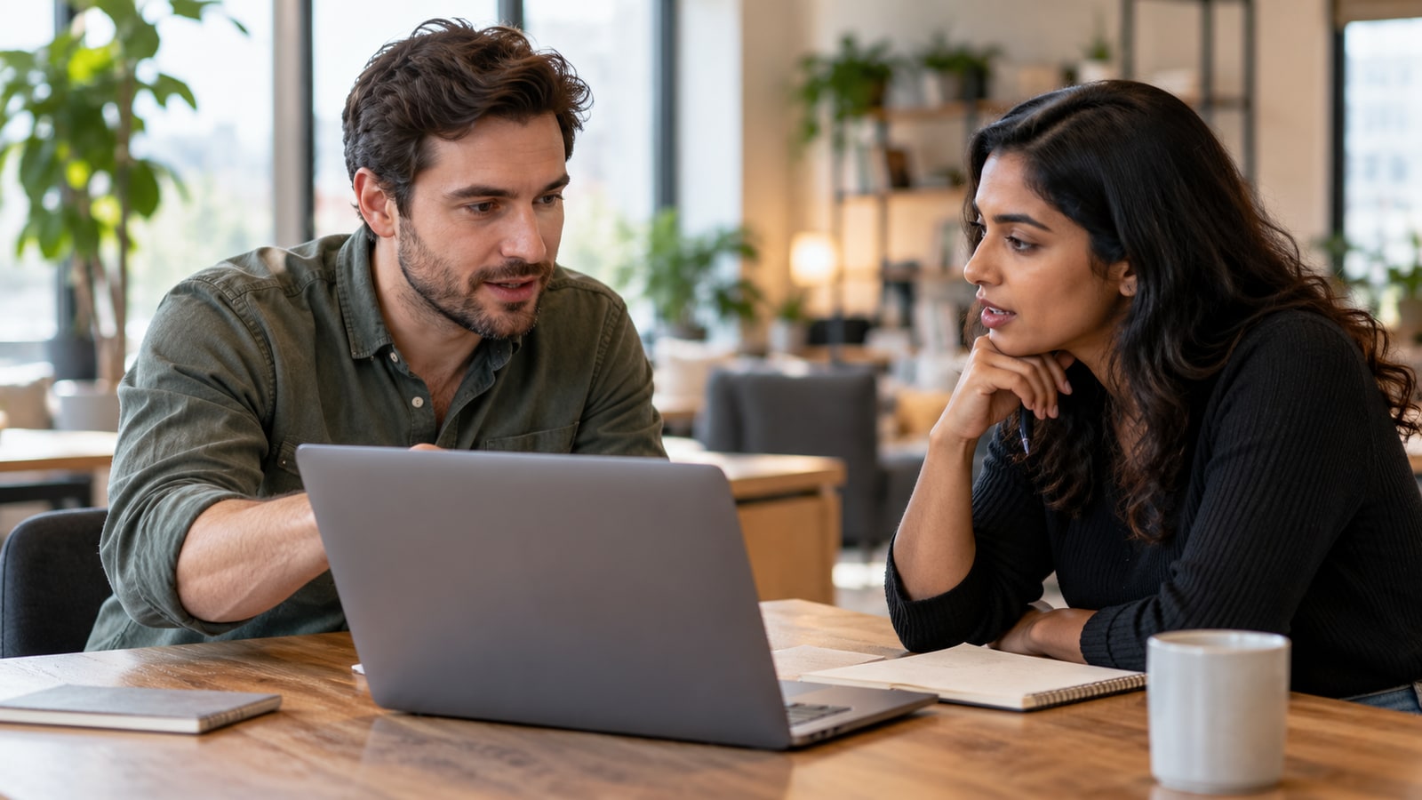 AI-generated illustrative scene of two colleagues discussing an ordinary laptop-based work process at a shared table