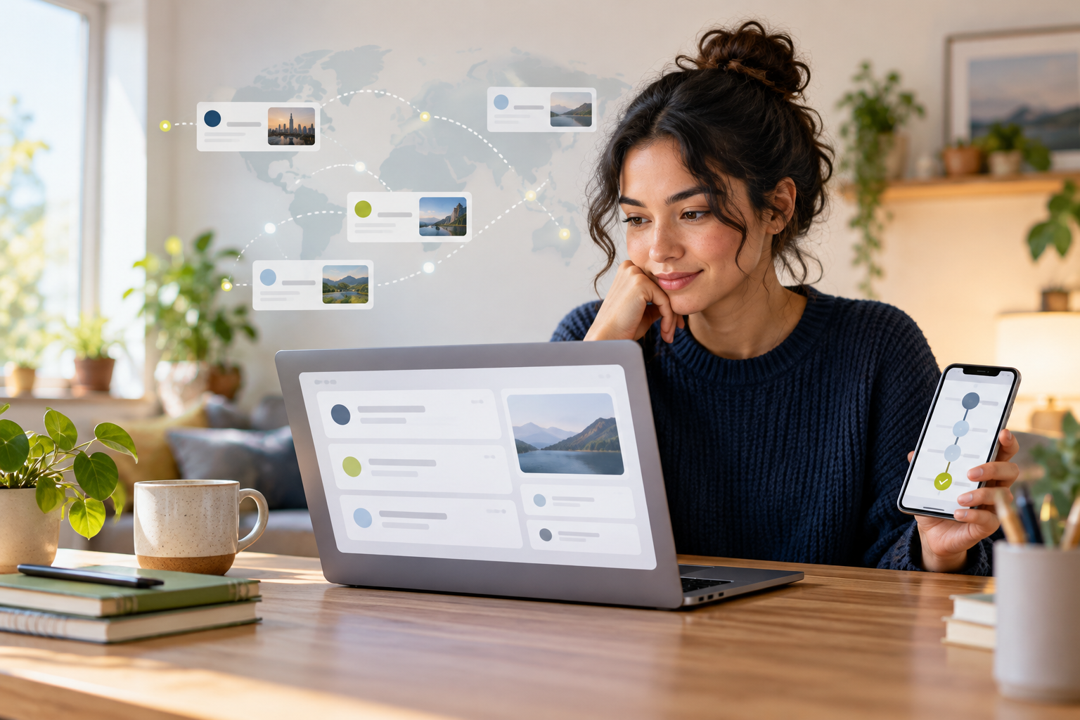 Illustrative remote job seeker reviewing a laptop job list and a phone application route, with a subtle world map and opportunity cards behind them