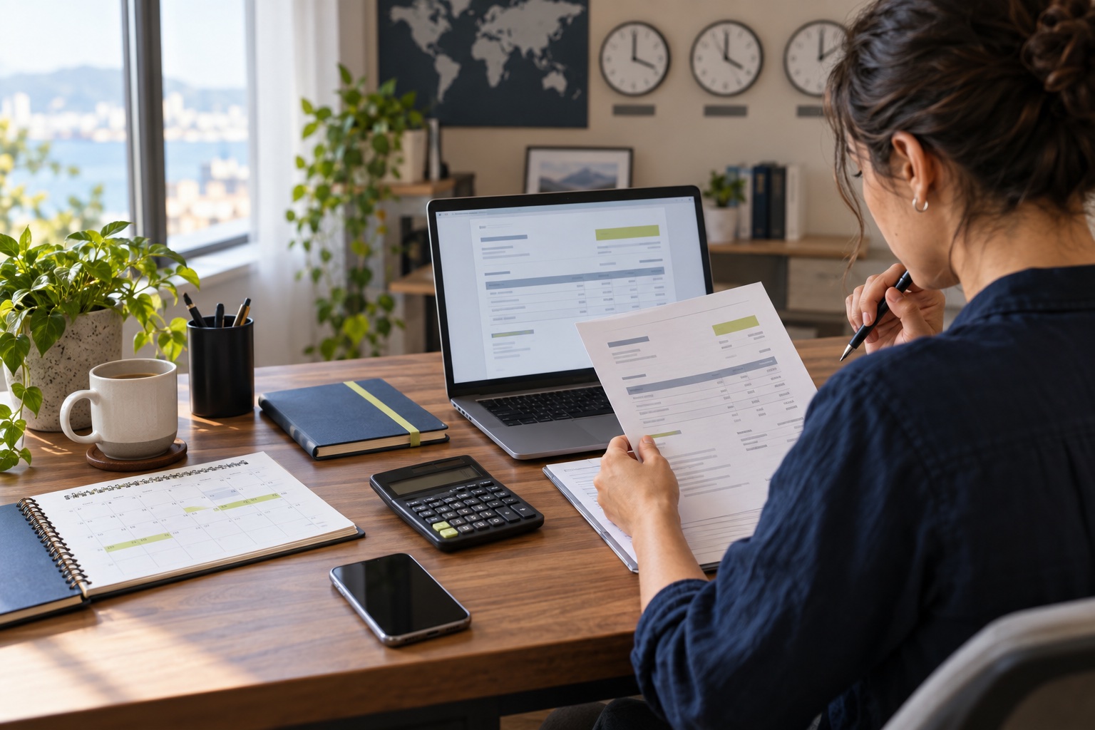 An independent remote contractor checking an invoice, calendar and payment schedule at a home-office desk