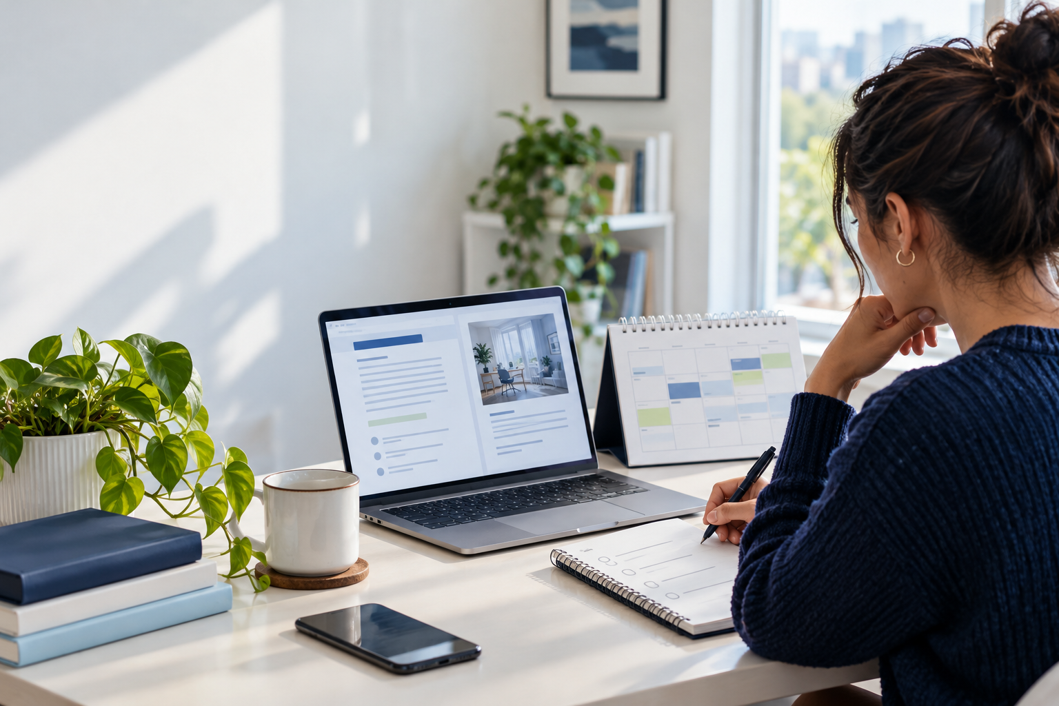 A remote professional comparing an abstract job listing with a weekly calendar and checklist at a bright home workspace