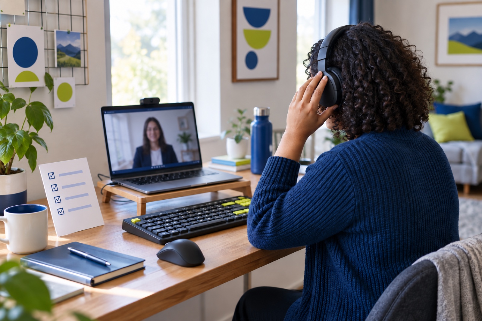 A remote job candidate preparing headphones, an accessible keyboard and a visual checklist for an online interview