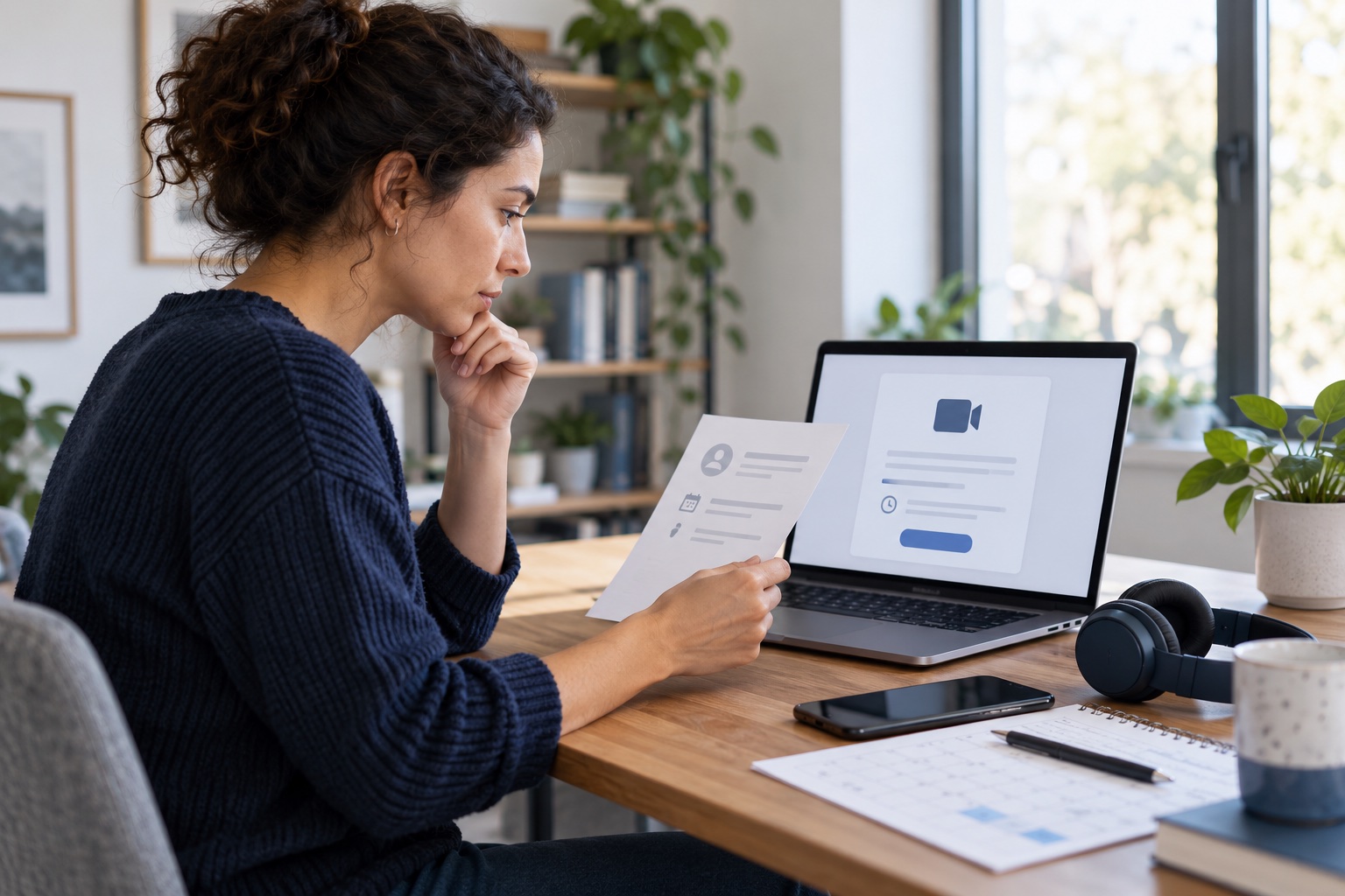 A remote job candidate comparing a video interview invitation with a calendar before opening the meeting link