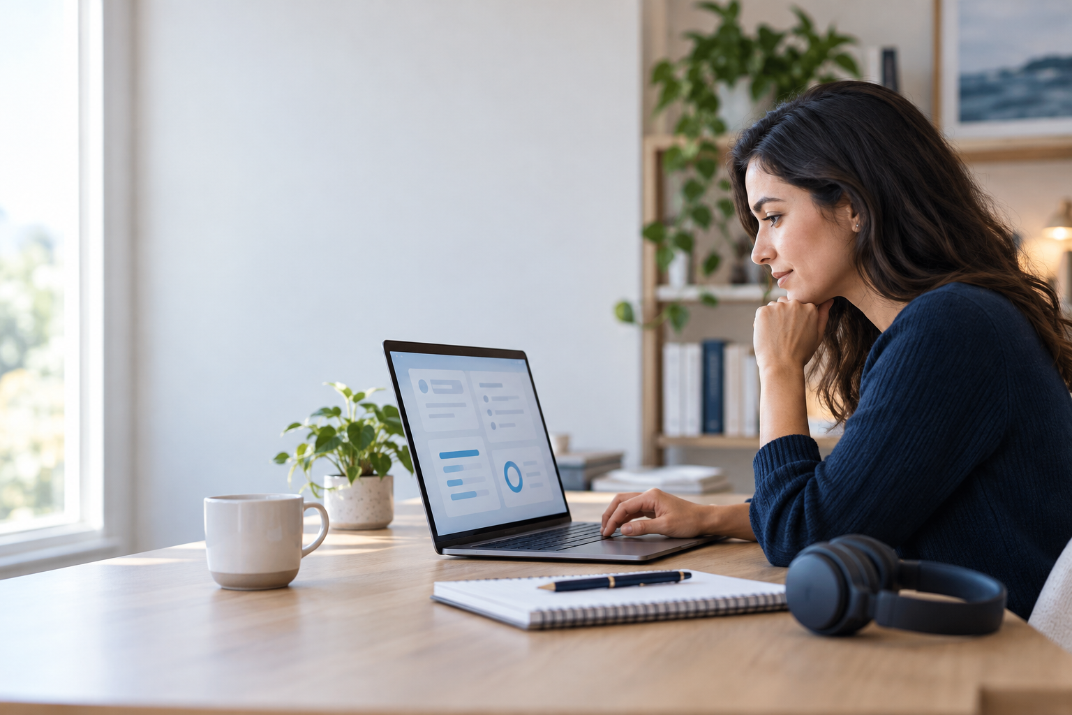 A remote job candidate reviewing an abstract online skills assessment at a laptop in a calm home workspace