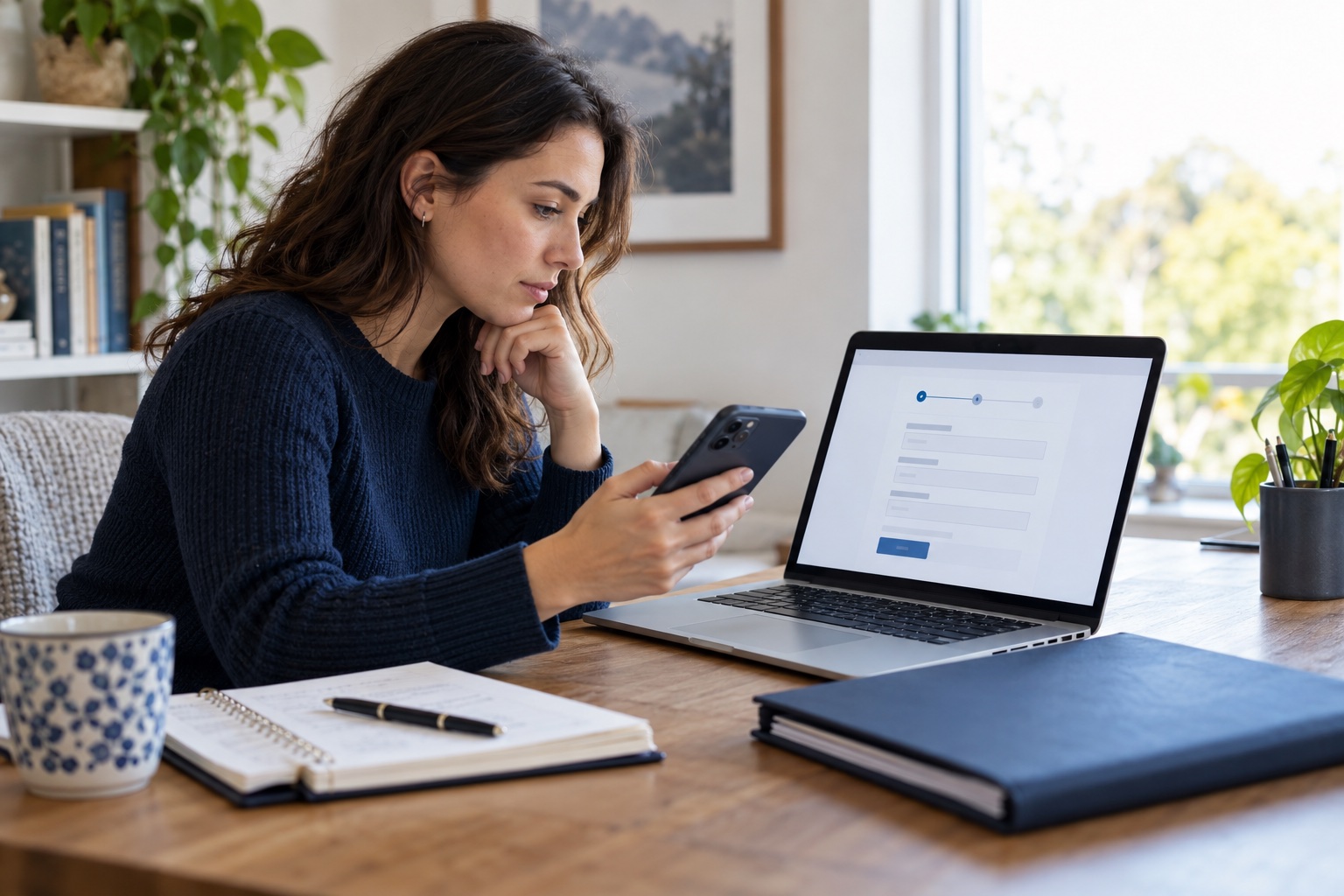 A remote job candidate comparing a digital onboarding form with a verified company contact before entering payroll details