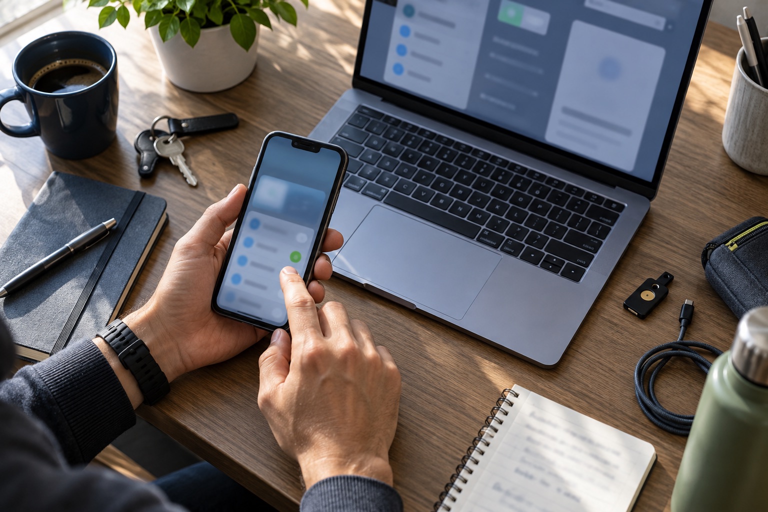 A remote professional configuring a personal smartphone beside a laptop, security key and work notebook