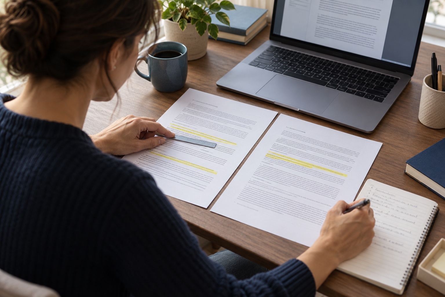 A remote professional comparing highlighted confidentiality and intellectual-property clauses before signing a contract