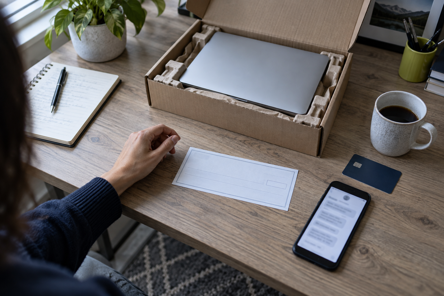 A remote-job candidate pausing beside a boxed laptop, blank check, payment card and blurred recruiter message