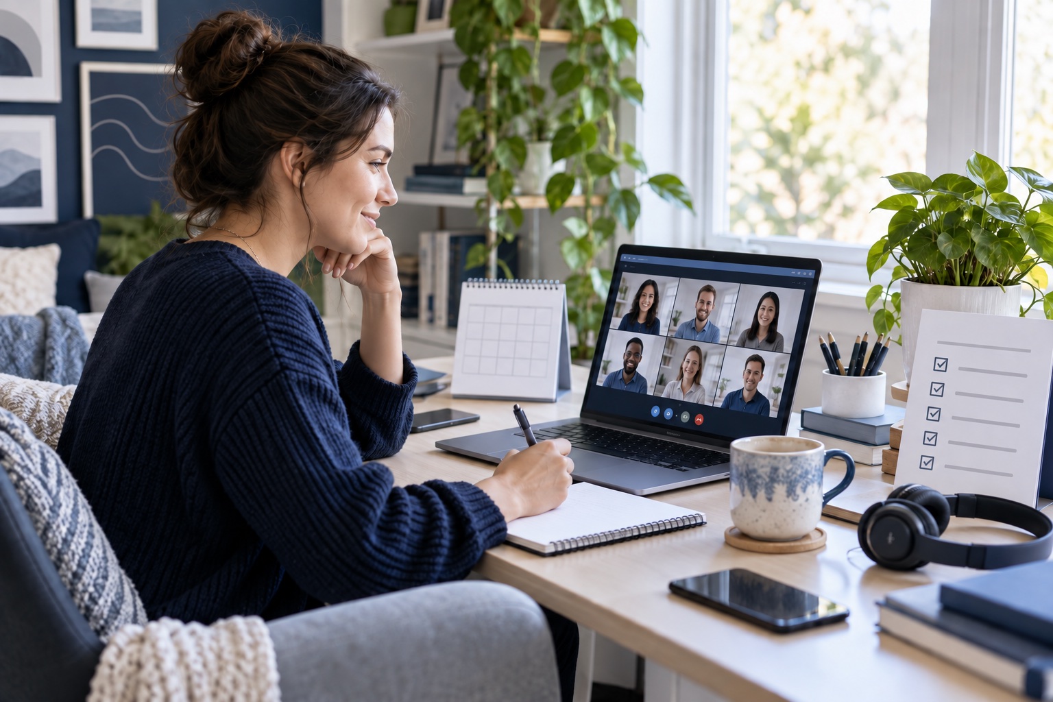 A new remote employee joining a team video call with an icon-only first-week checklist and calendar