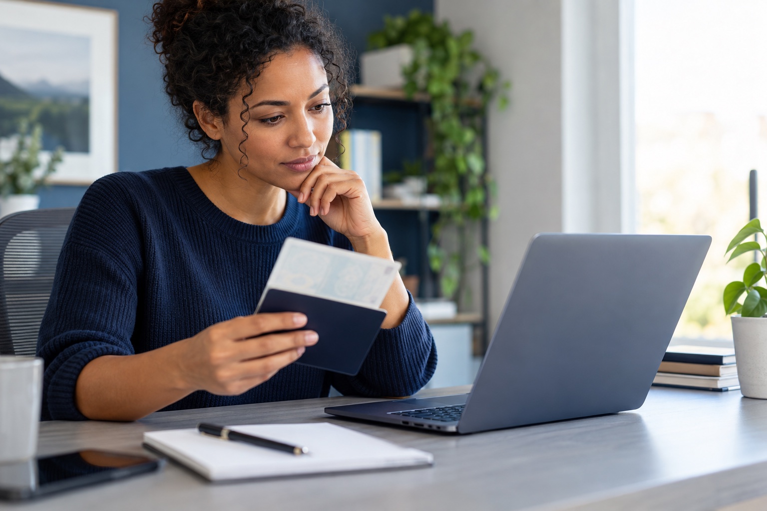 A remote job candidate carefully reviewing an identity document beside a laptop before a verified hiring step
