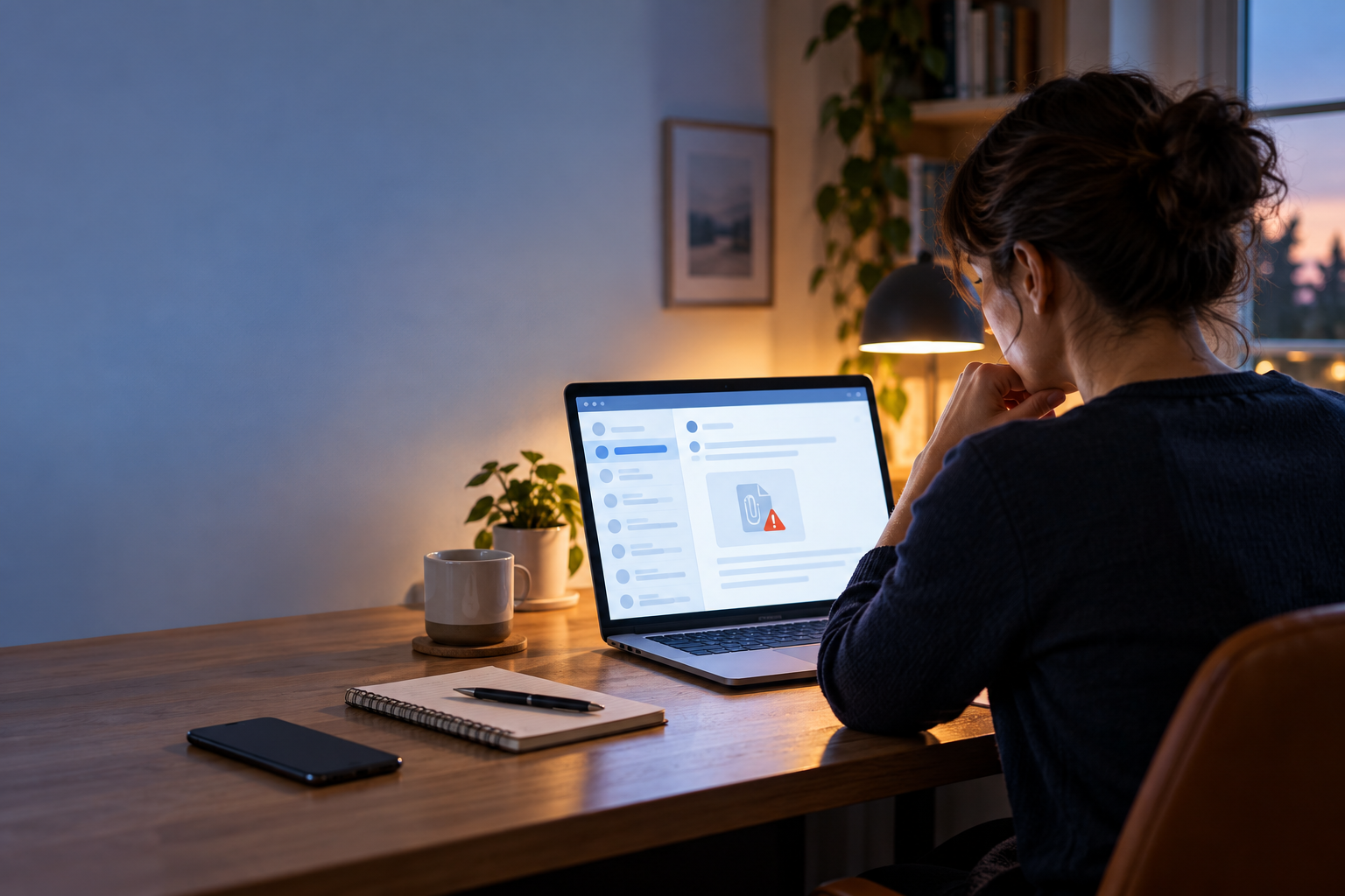 A remote job candidate carefully reviewing an abstract email attachment warning on a laptop at a home desk