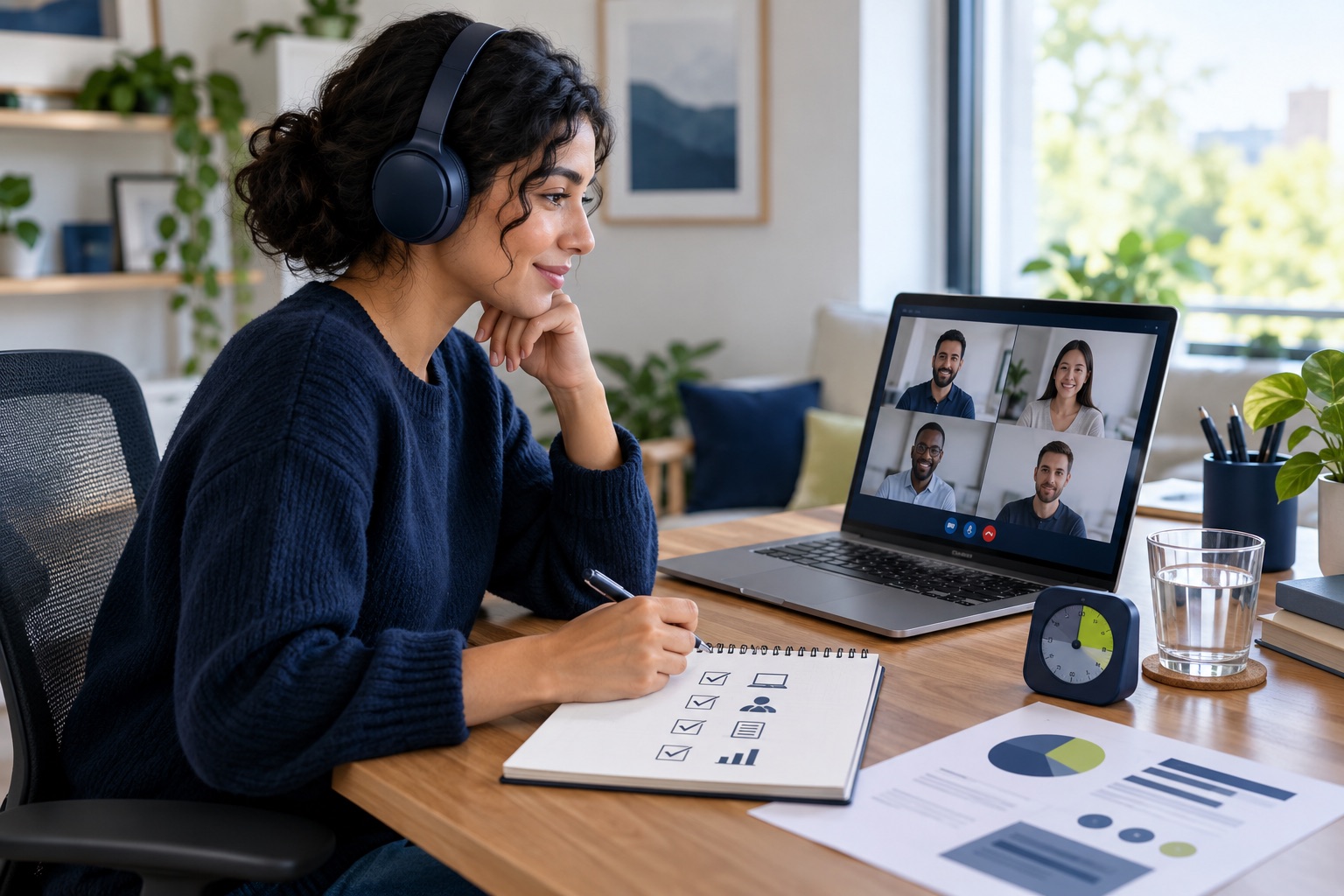 A candidate preparing for a remote video interview with notes, headphones and a laptop