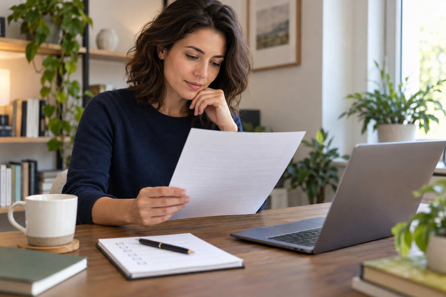 A candidate reviewing a written remote job offer beside a laptop and a checklist for pay, hours, probation and notice