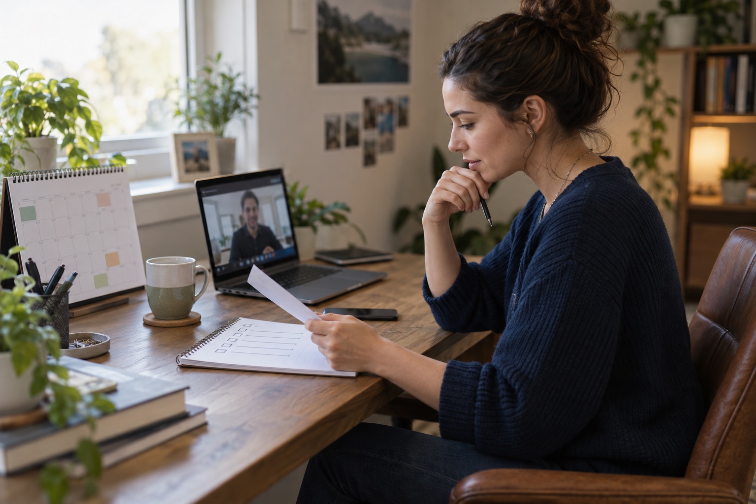 A new remote employee reviewing a probation checklist and calendar before a video meeting with a manager