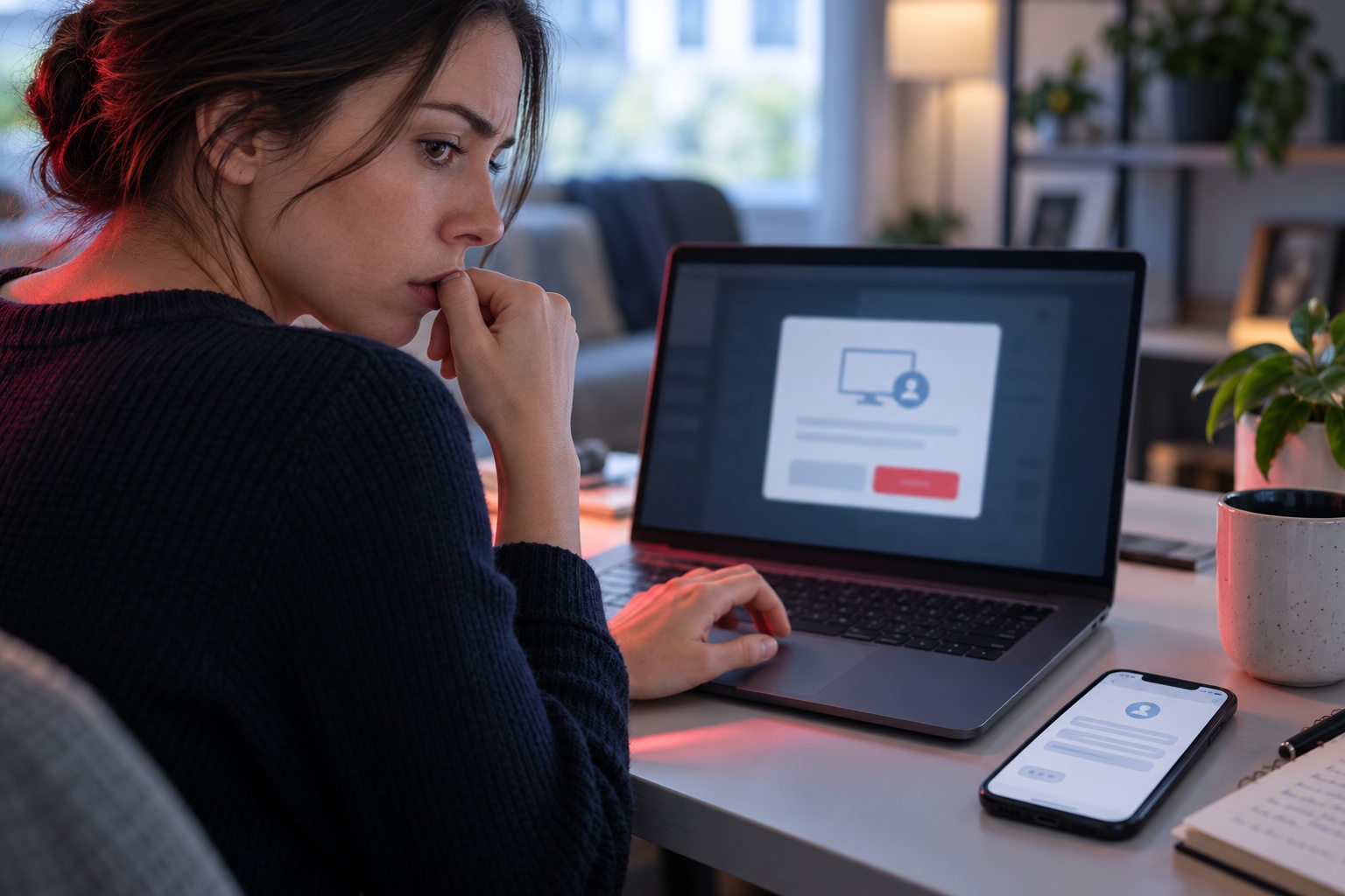 A cautious job seeker pausing before an unexpected remote-access request appears beside a recruiter message