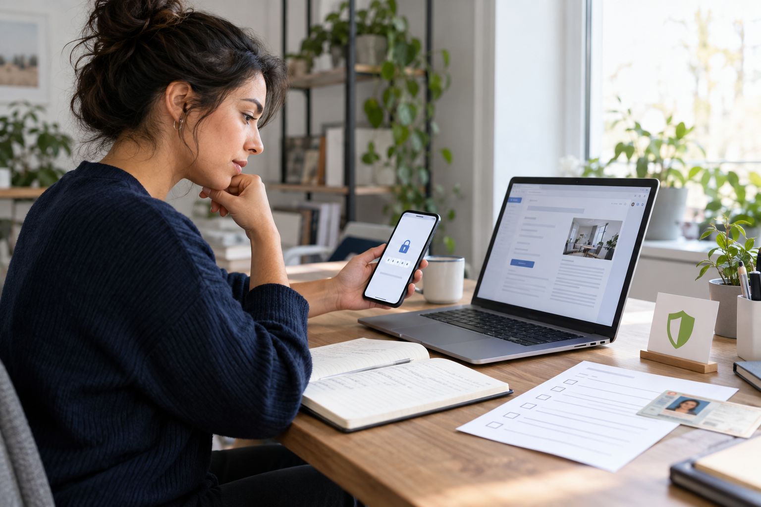 Remote job seeker reviewing a job message while using multi-factor authentication at a home-office desk