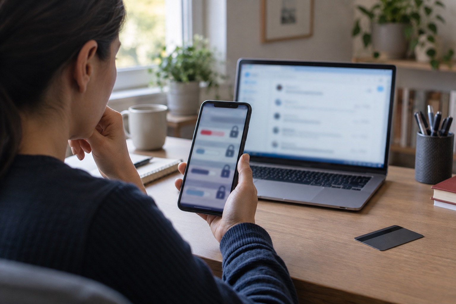A remote job seeker cautiously reviewing a blurred locked-task interface on a phone beside an unsolicited recruiter message