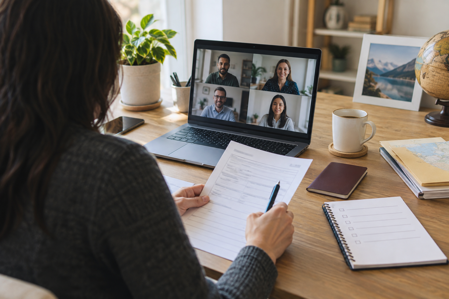 A remote professional reviewing job-location eligibility during a video call at a home-office desk