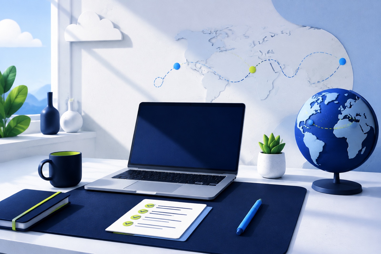 A calm remote workspace with a role-fit checklist and global route map
