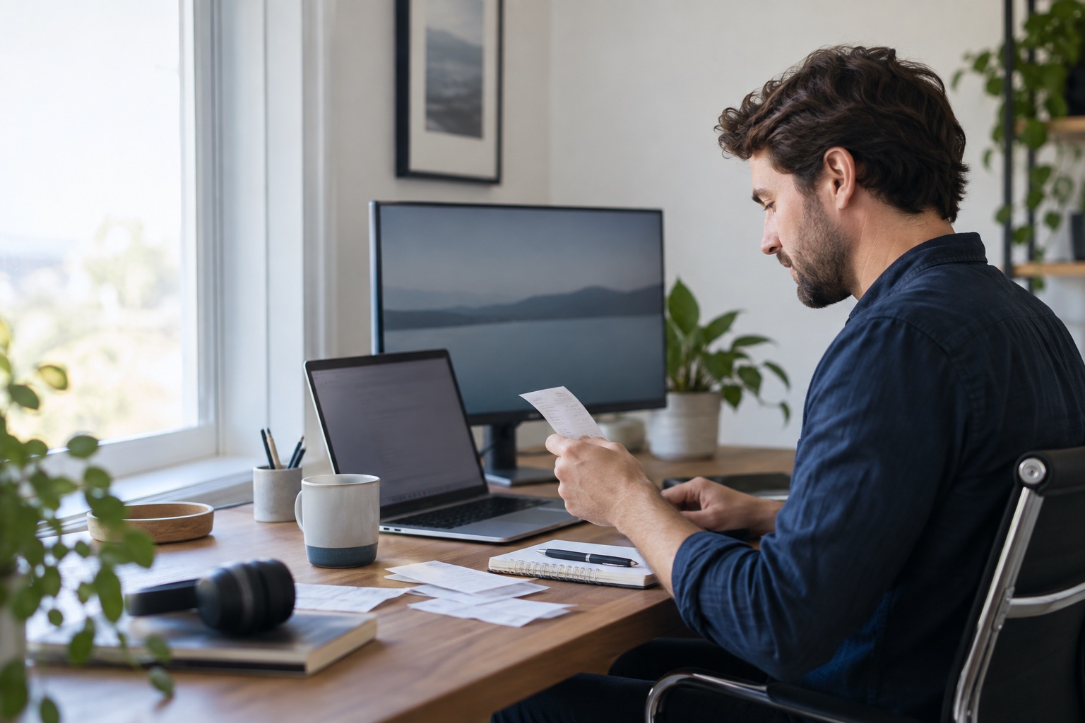 A remote worker reviewing a receipt beside a laptop, external monitor and home-office equipment