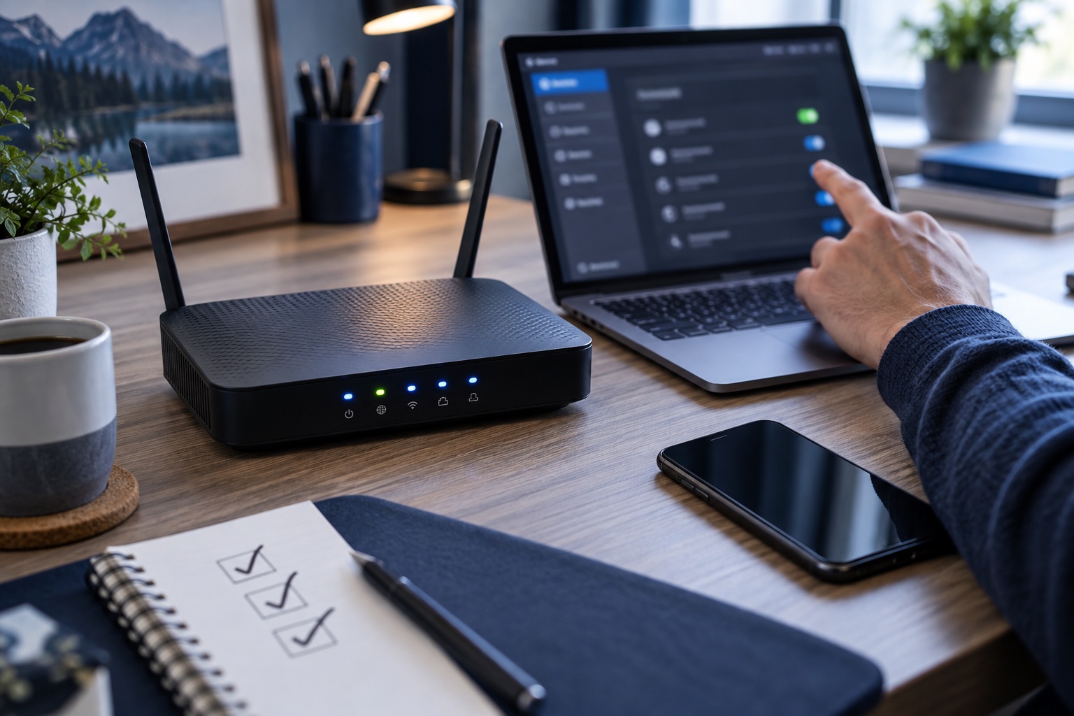 A remote worker checking a home Wi-Fi router and its security settings beside a work laptop
