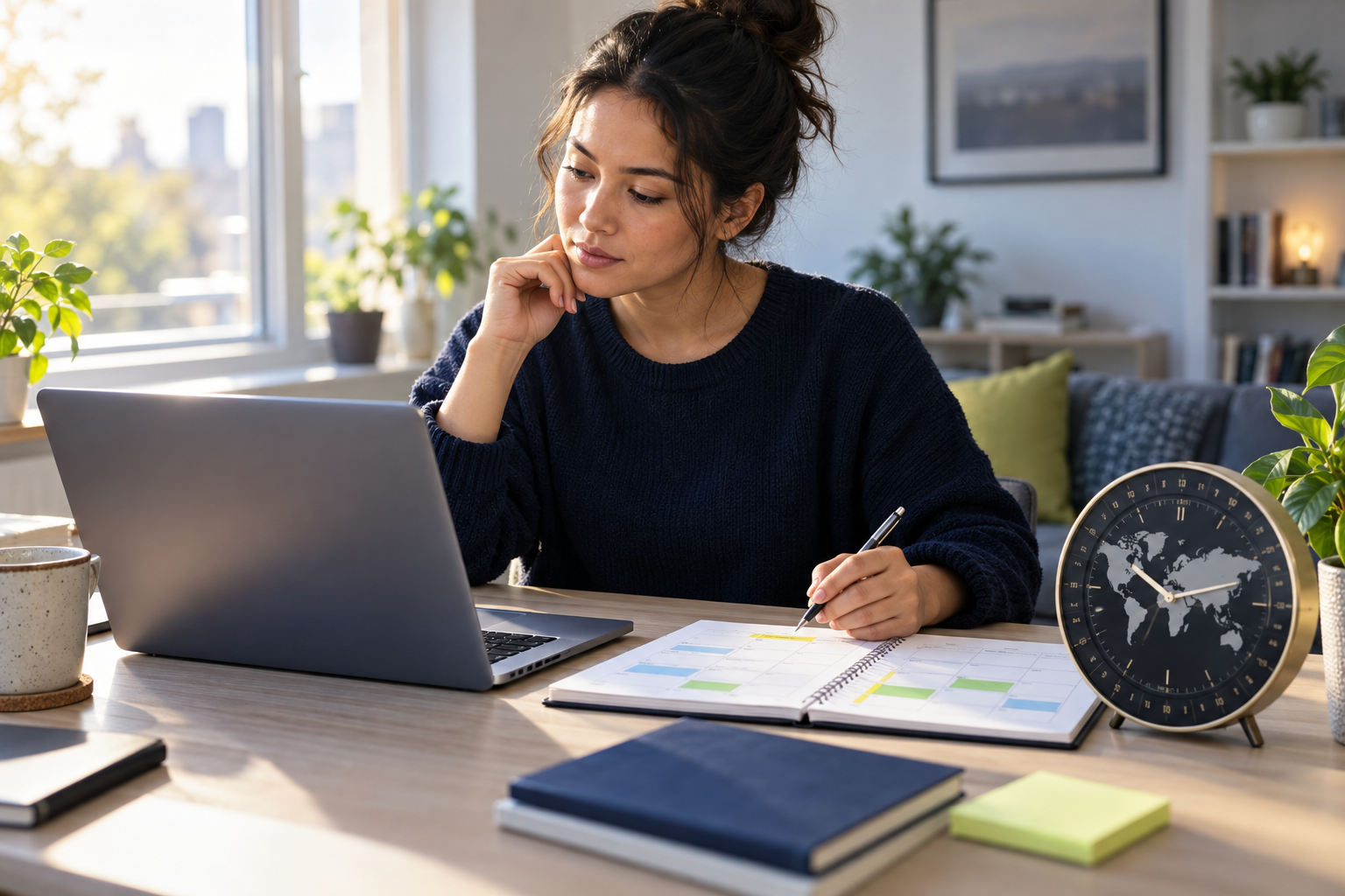 A remote worker planning overlapping hours across time zones with a laptop, calendar and daylight clock motif