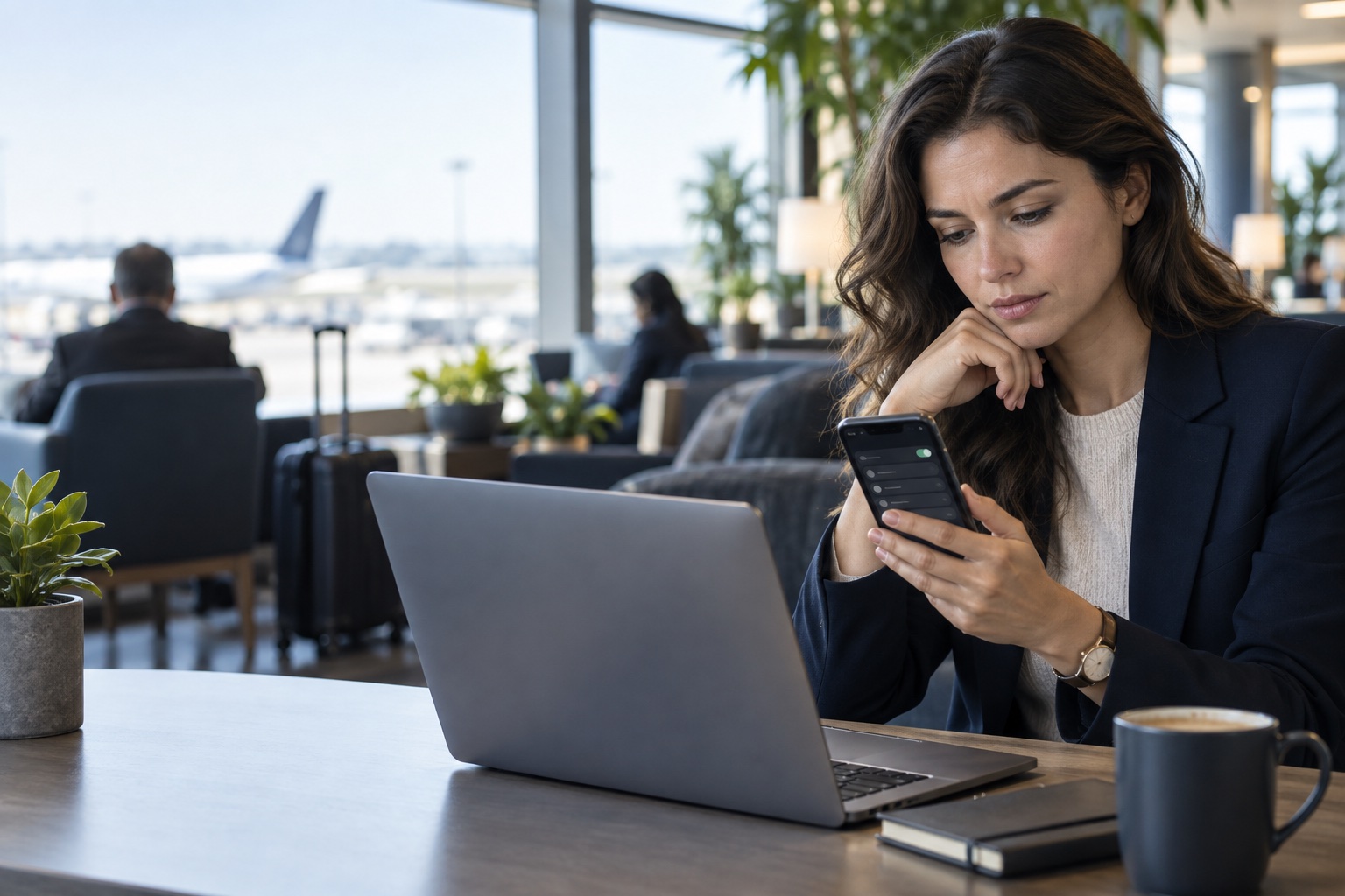 A remote professional in an airport lounge checking the correct network on a phone before connecting a work laptop