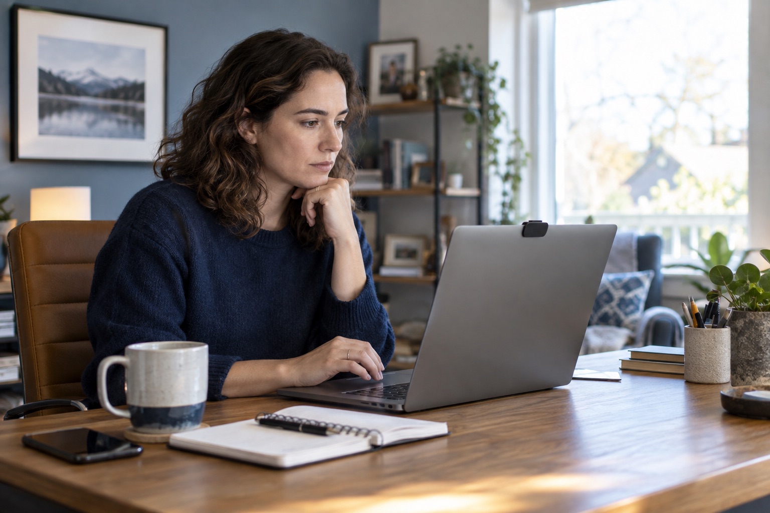 A remote professional reviewing workplace privacy settings at a home-office desk before starting work
